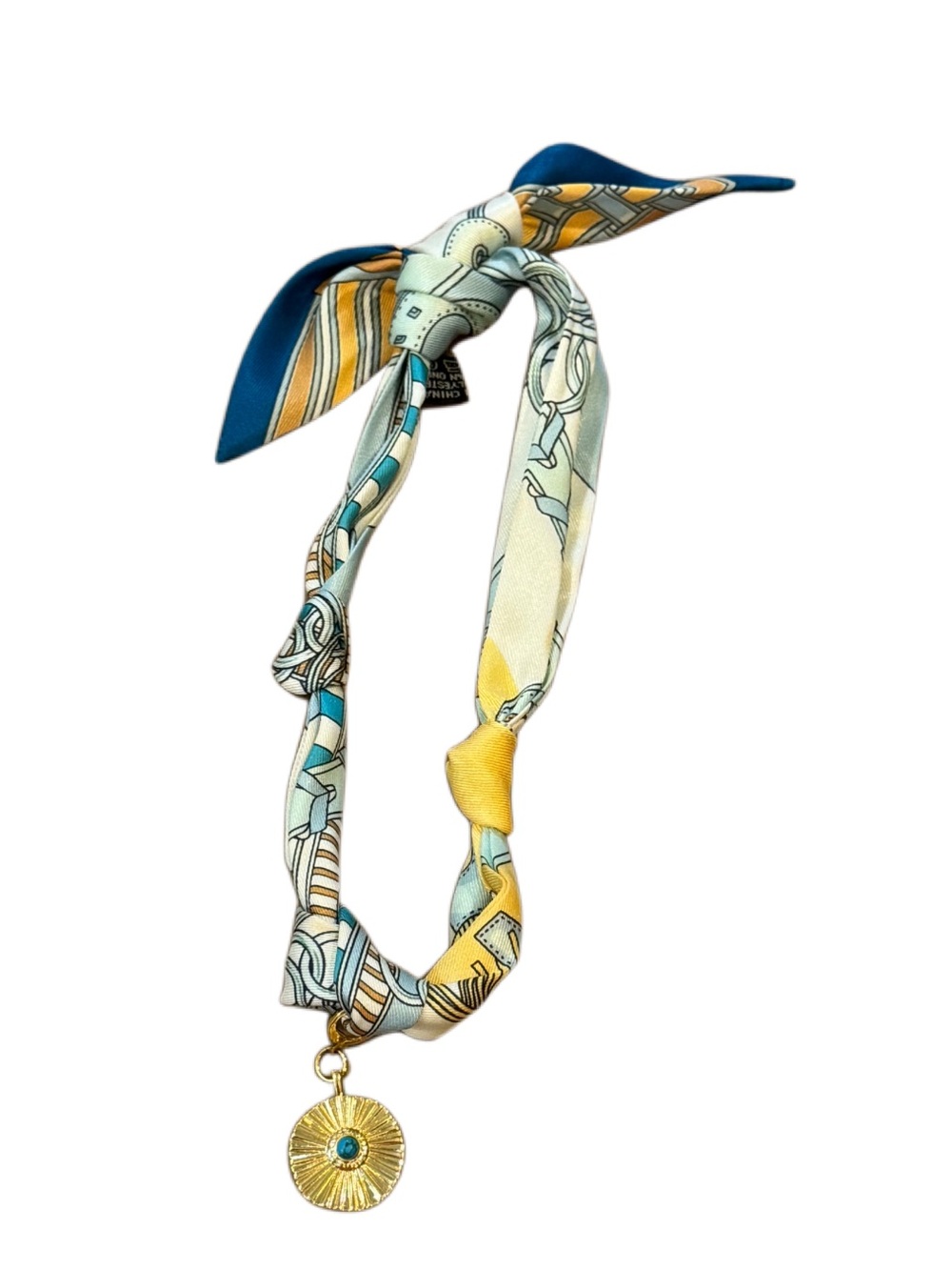 Gemelli Blue Scarf Necklace with Gold Blue Stone Pendant